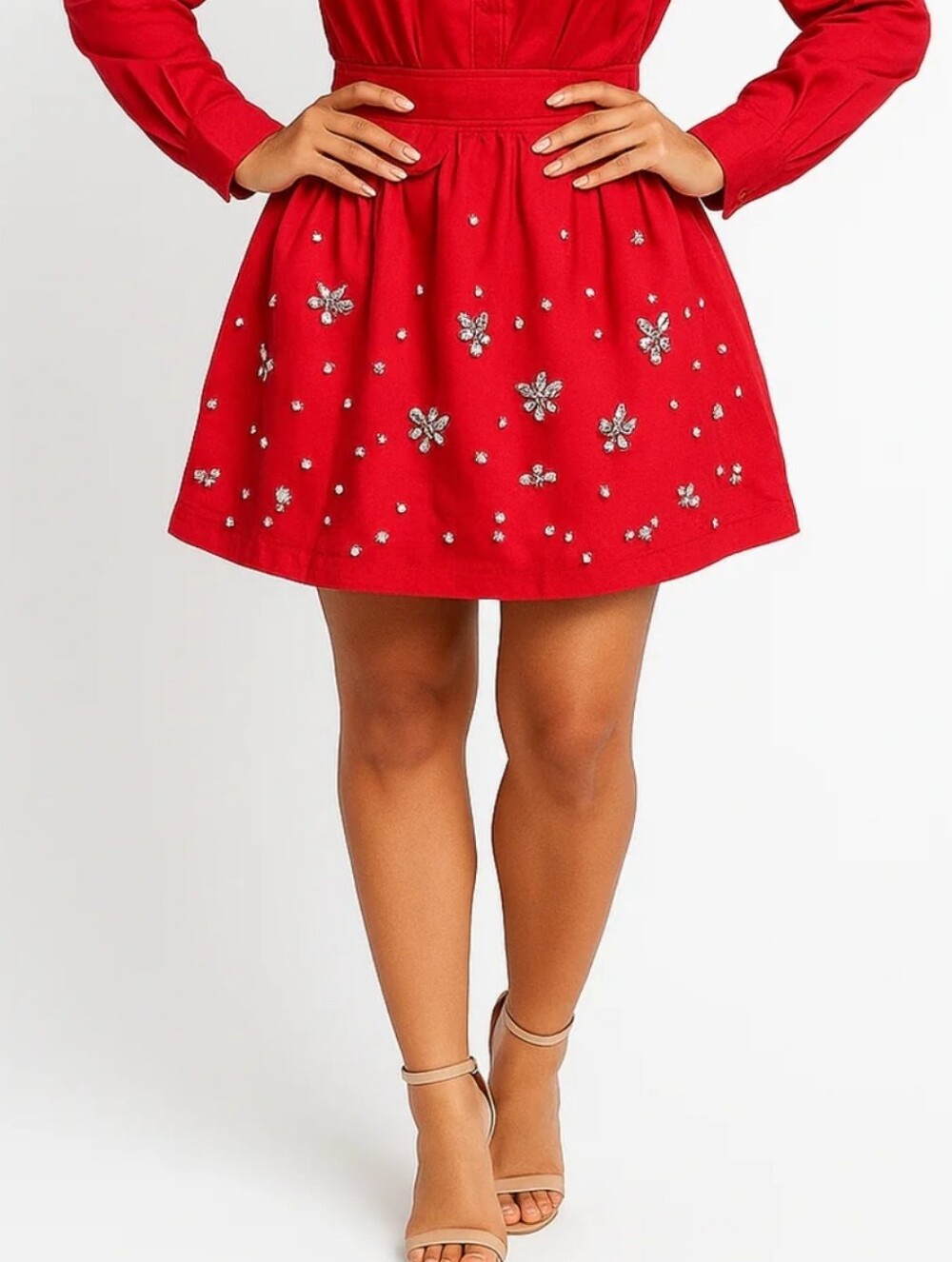 Red Embellished A-Line Skirt - Women's